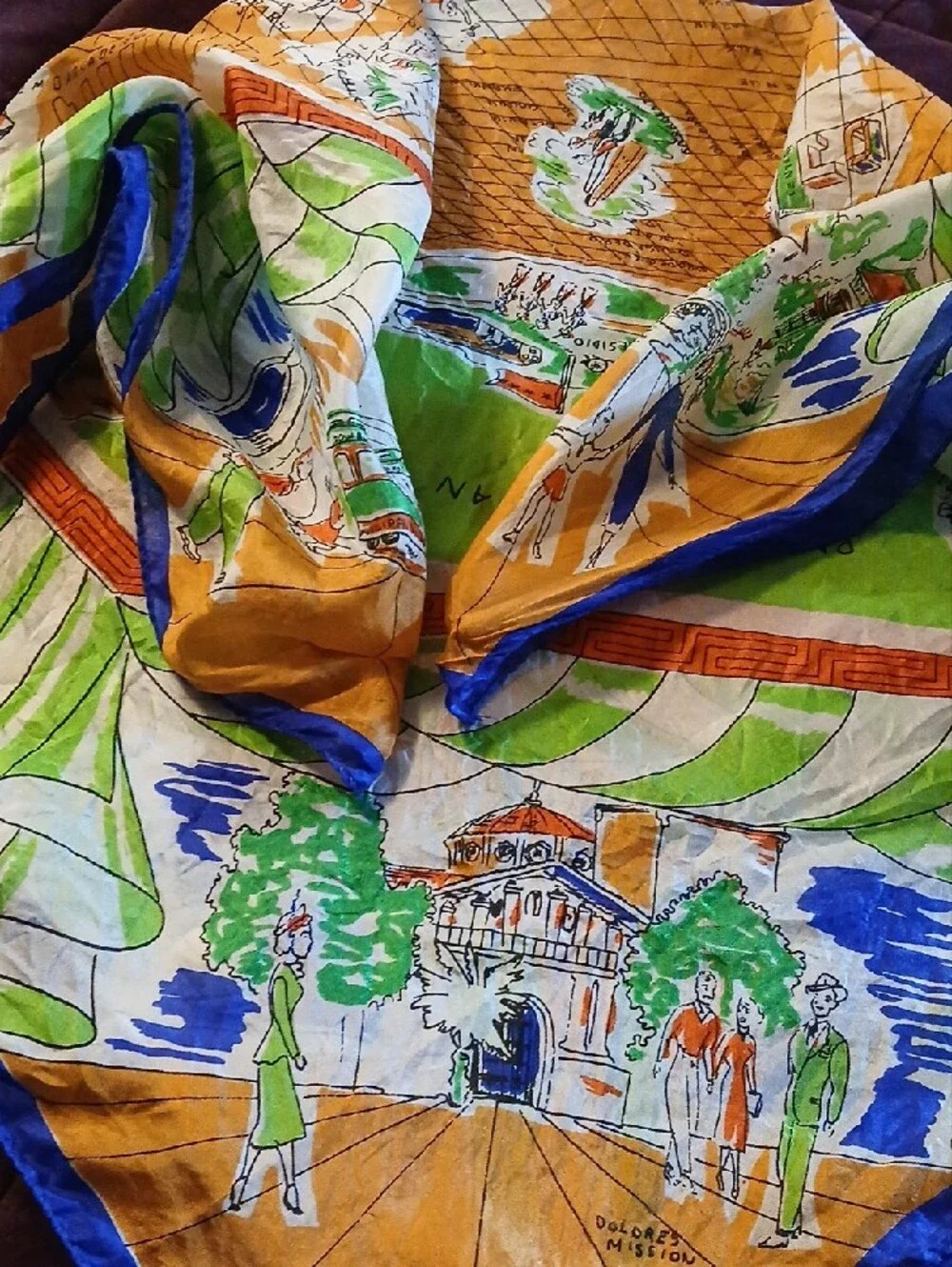 Pure Silk Hand Screened Printed San Fransico Suvenier Scarf - Vintage